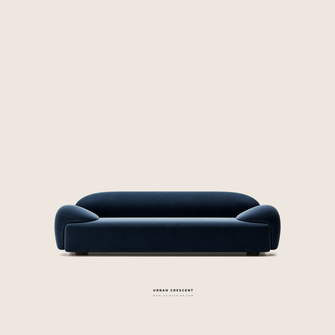 Navy blue  Polo sofa on a beige background with 'Urban Crescent' branding.